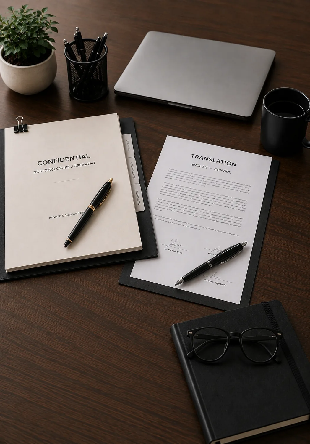 Escritorio profesional con documentos confidenciales, laptop y contrato de traducción que representa servicios de traducción profesionales y confidencialidad.